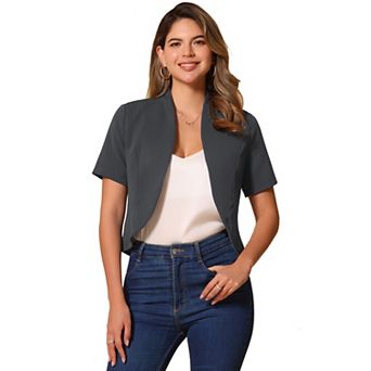 Casual Business Blazer for Women's Open Front 3/4 Sleeve Collarless Cardigan