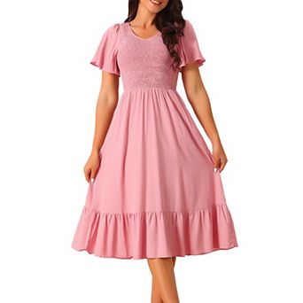 Women's Summer Casual V Neck Ruffle Sleeve Smocked High Waist Midi Dress With Pockets