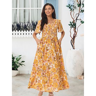 Women's Summer Floral Short Flutter Sleeve V Neck Smocked High Waist Flowy Maxi Dress With Pockets