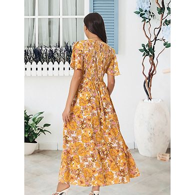 Women's Summer Floral Short Flutter Sleeve V Neck Smocked High Waist Flowy Maxi Dress With Pockets