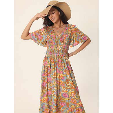 Women's Summer Floral Short Flutter Sleeve V Neck Smocked High Waist Flowy Maxi Dress With Pockets