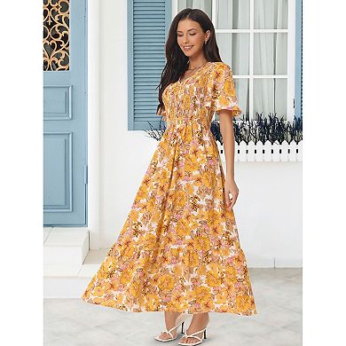 Women's Summer Floral Short Flutter Sleeve V Neck Smocked High Waist Flowy Maxi Dress With Pockets