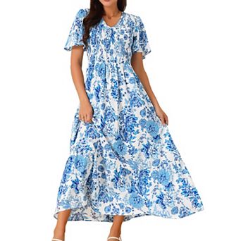 Women's Summer Floral Short Flutter Sleeve V Neck Smocked High Waist Flowy Maxi Dress With Pockets