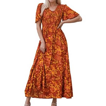 Women's Summer Floral Short Flutter Sleeve V Neck Smocked High Waist Flowy Maxi Dress With Pockets