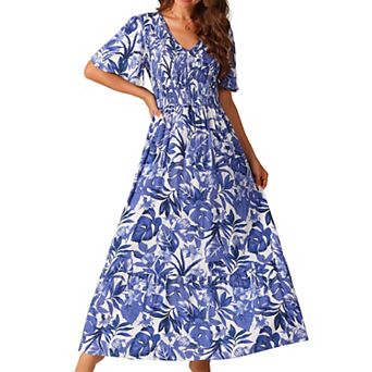 Women's Summer Floral Short Flutter Sleeve V Neck Smocked High Waist Flowy Maxi Dress With Pockets