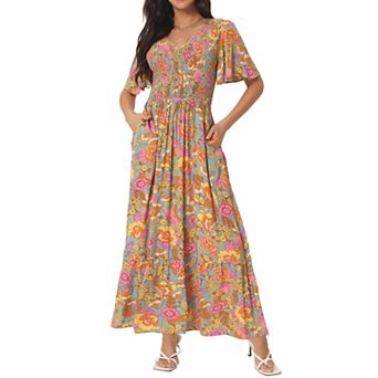 Women's Summer Floral Short Flutter Sleeve V Neck Smocked High Waist Flowy Maxi Dress With Pockets
