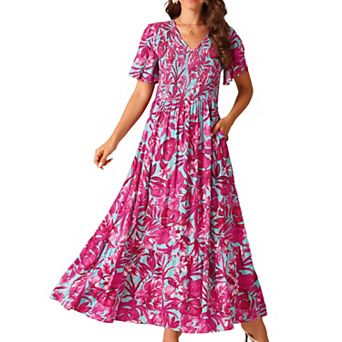 Women's Summer Floral Short Flutter Sleeve V Neck Smocked High Waist Flowy Maxi Dress With Pockets