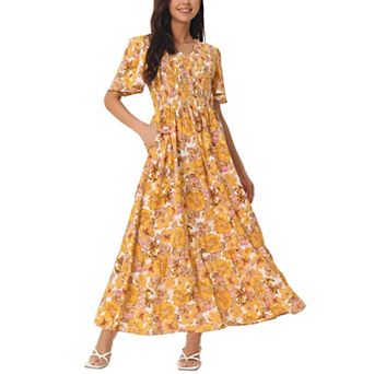Women's Summer Floral Short Flutter Sleeve V Neck Smocked High Waist Flowy Maxi Dress With Pockets
