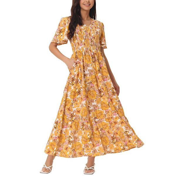 Women's Summer Floral Short Flutter Sleeve V Neck Smocked High Waist ...