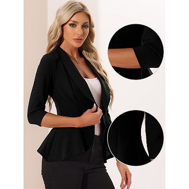 Classic Open Front Blazer Jacket For Women's Draped Collar 3/4 Sleeve Ruffle Jacket Outerwear