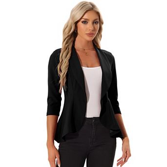 Classic Open Front Blazer Jacket For Women's Draped Collar 3/4 Sleeve Ruffle Jacket Outerwear