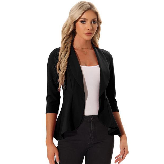 Classic Open Front Blazer Jacket For Women s Draped Collar 3 4 Sleeve Ruffle Jacket Outerwear