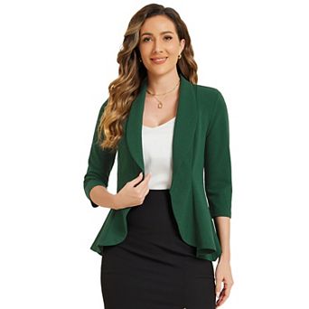 Classic Open Front Blazer Jacket For Women's Draped Collar 3/4 Sleeve Ruffle Jacket Outerwear