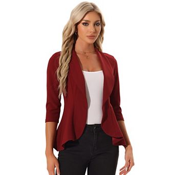 Classic Open Front Blazer Jacket For Women's Draped Collar 3/4 Sleeve Ruffle Jacket Outerwear