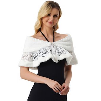 Women's Wedding Cape For Dress Lace Trim Evening Faux Fur Shawl Shrug