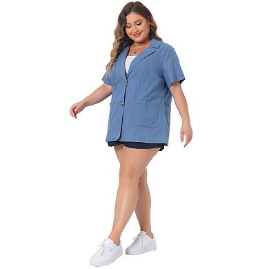Plus Size Denim Shirt For Women Front Lapel Short Sleeve Button Down Chambray Shirts
