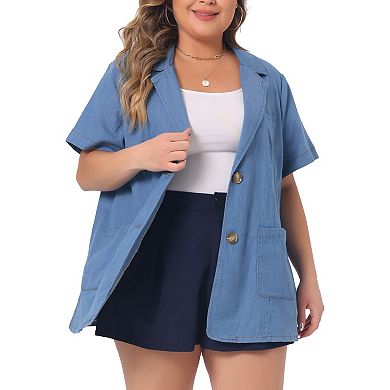 Plus Size Denim Shirt For Women Front Lapel Short Sleeve Button Down Chambray Shirts