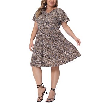 Women's Plus Size Dress Boho Floral Notched V Neck Ruffle Sleeve a Line Midi Dresses