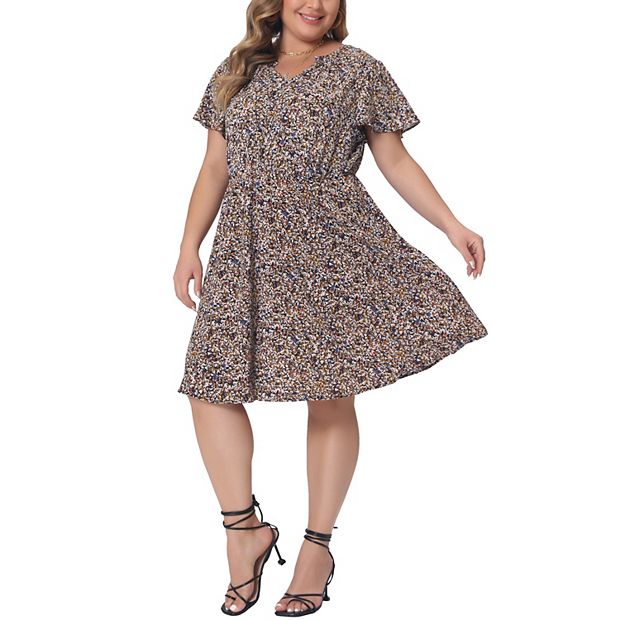 Agnes Orinda Women's Plus Size Boho Floral Notched V Neck Flutter Sleeve Midi A Line Dresses Navy Blue 4X