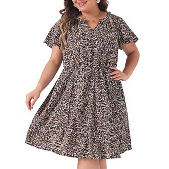 Women's Plus Size Dress Boho Floral Notched V Neck Ruffle Sleeve a Line Midi Dresses