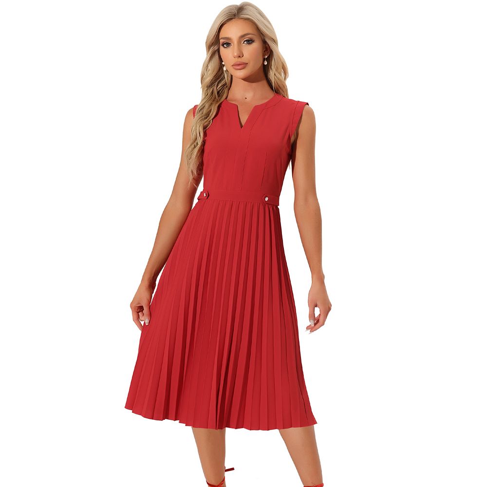 Sleeveless Dress For Women's Casual V Neck Button Pleated Midi Dress