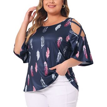 Plus Size Top For Women Cold Shoulder Feather Print Round Neck Short Sleeves Summer Tops