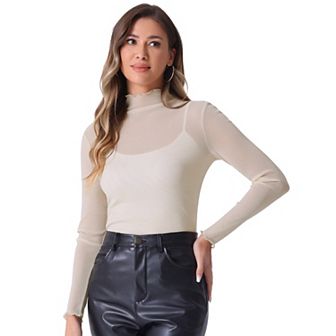 Women's Mesh Glitter Shiny Long Sleeve Shirt Slim Party Tops