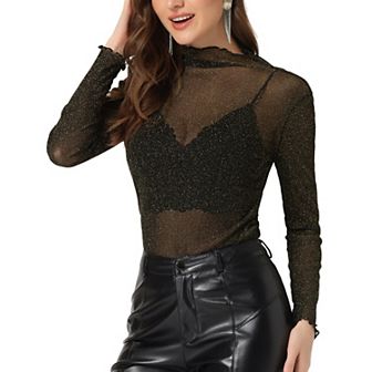 Women's Mesh Glitter Shiny Long Sleeve Shirt Slim Party Tops
