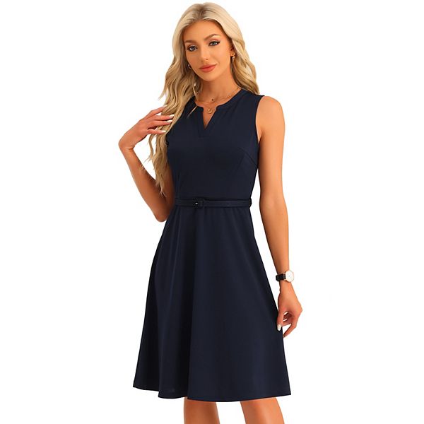 Work Office Dress For Women Belted V Neck Sleeveless Dress