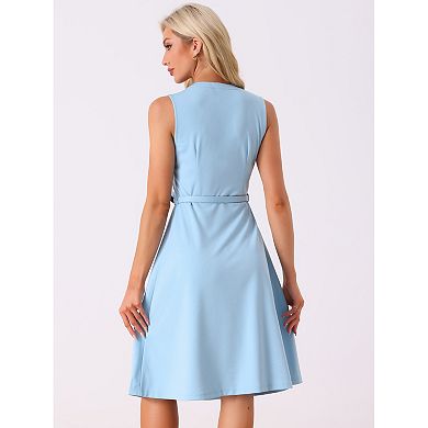 Work Office Dress For Women Belted V Neck Sleeveless Dress