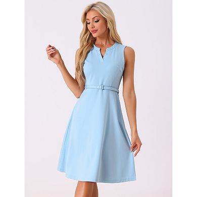 Work Office Dress For Women Belted V Neck Sleeveless Dress
