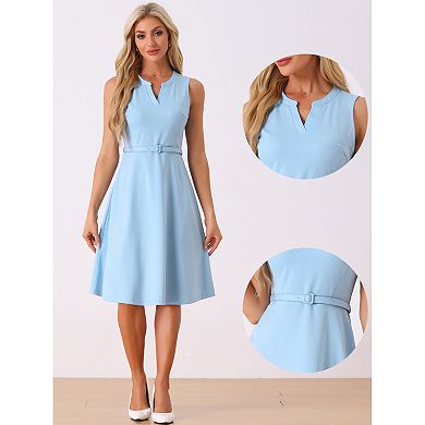 Work Office Dress For Women Belted V Neck Sleeveless Dress