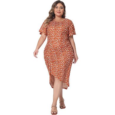 Plus Size Dress For Women Polka Dots Ruched Round Neck Short Sleeve Wedding Cocktail Bodycon Dress