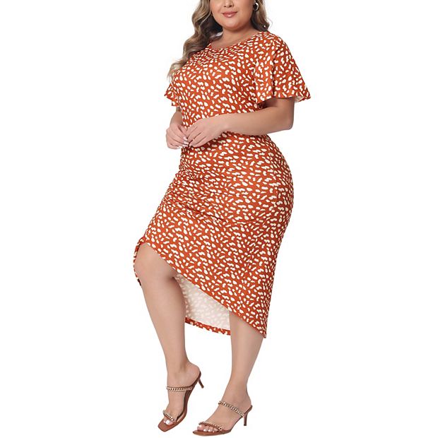 Plus Size Dress For Women Polka Dots Ruched Round Neck Short Sleeve Wedding  Cocktail Bodycon Dress