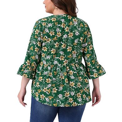 Plus Size Floral Blouses for Women V Neck Ruffle Sleeve Babydoll Peplum Tops