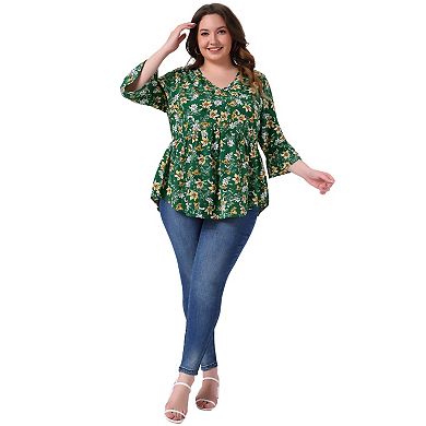 Plus Size Floral Blouses for Women V Neck Ruffle Sleeve Babydoll Peplum Tops
