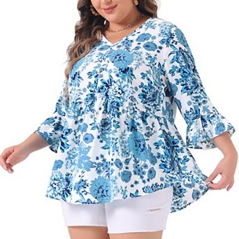 Plus Size Floral Blouses for Women V Neck Ruffle Sleeve Babydoll Peplum Tops