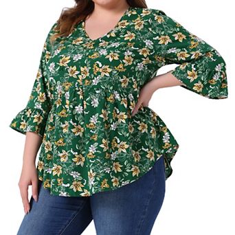 Plus Size Floral Blouses for Women V Neck Ruffle Sleeve Babydoll Peplum Tops