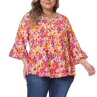 Plus Size Floral Blouses for Women V Neck Ruffle Sleeve Babydoll Peplum Tops