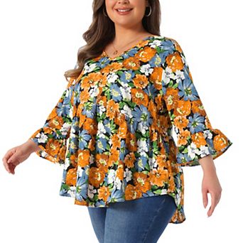 Plus Size Floral Blouses for Women V Neck Ruffle Sleeve Babydoll Peplum Tops