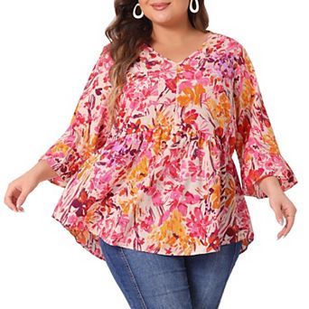 Plus Size Floral Blouses For Women V Neck Ruffle Sleeve Babydoll Peplum Tops