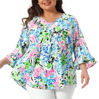 Plus Size Floral Blouses for Women V Neck Ruffle Sleeve Babydoll Peplum Tops