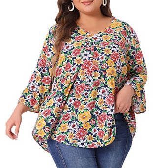 Plus Size Floral Blouses for Women V Neck Ruffle Sleeve Babydoll Peplum Tops