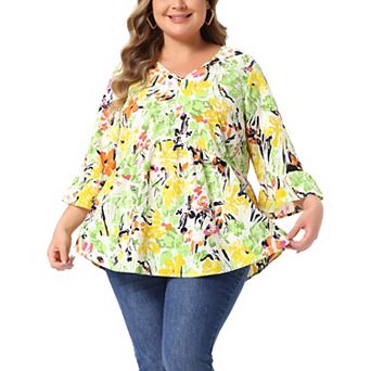 Plus Size Floral Blouses for Women V Neck Ruffle Sleeve Babydoll Peplum Tops