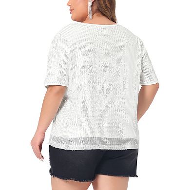 Plus Size Sequin Tops For Women Sparkly V Neck Short Sleeve Party Tops Blouses