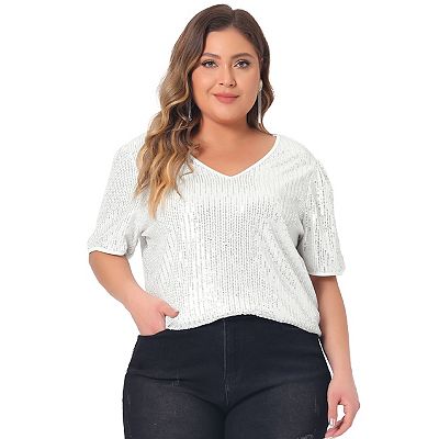 Plus Size Sequin Tops For Women Sparkly V Neck Short Sleeve Party