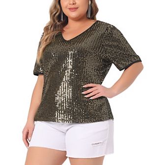 Plus Size Sequin Tops For Women Sparkly V Neck Short Sleeve Party Tops Blouses