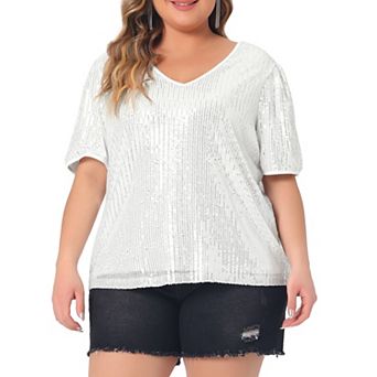 Plus Size Sequin Tops For Women Sparkly V Neck Short Sleeve Party Tops Blouses