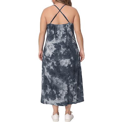 Plus Size Dress For Women Round Neck Tie Dye Spaghetti Strap Cami 2023 Midi Dresses