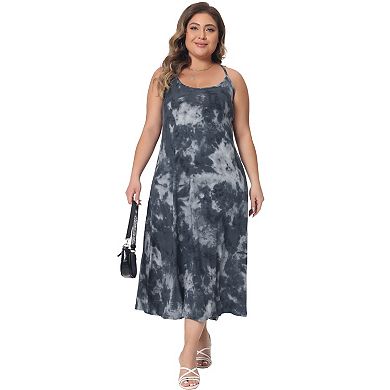 Nhicdns Women's Plus Size Hawaiian Maxi Dress - Tie Dye Spaghetti Strap Boho Beach Sundress With Pockets (Leaf Print, Large)